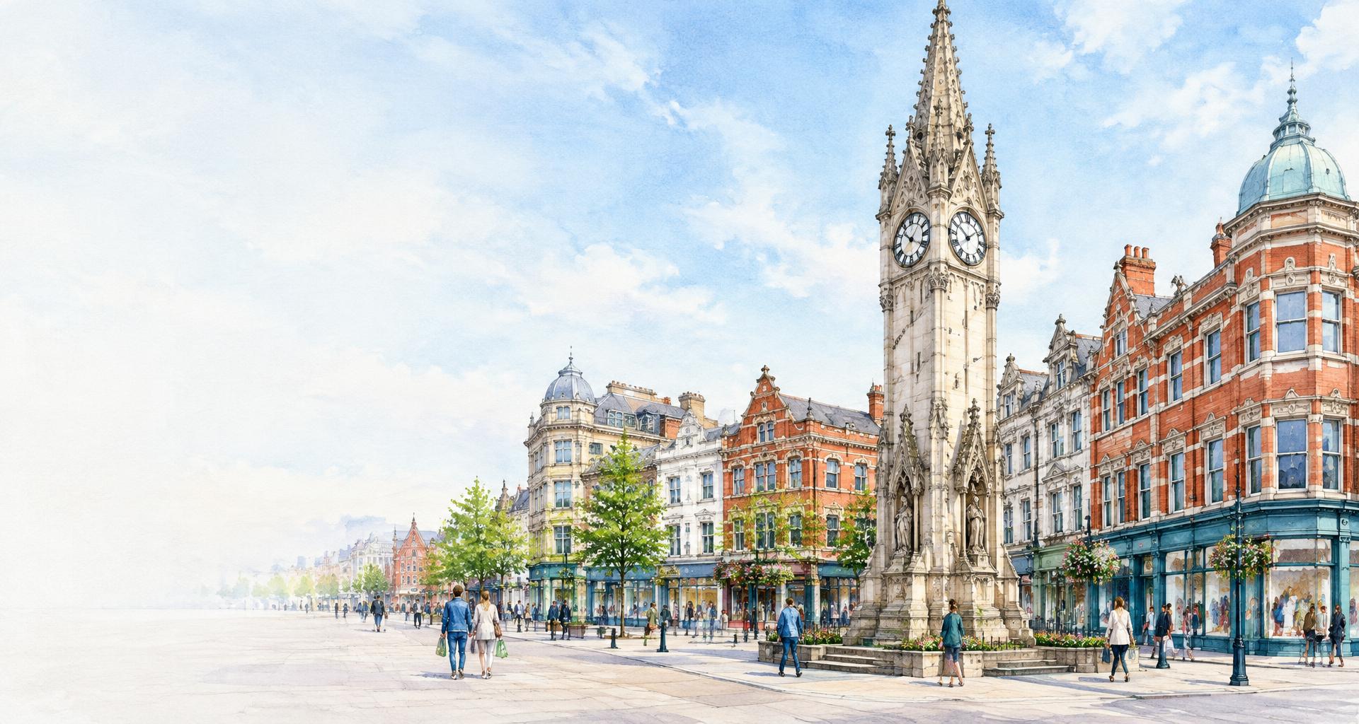 Artist's impression of Leicester's Victorian Clock Tower at the meeting of the city-centre shopping streets